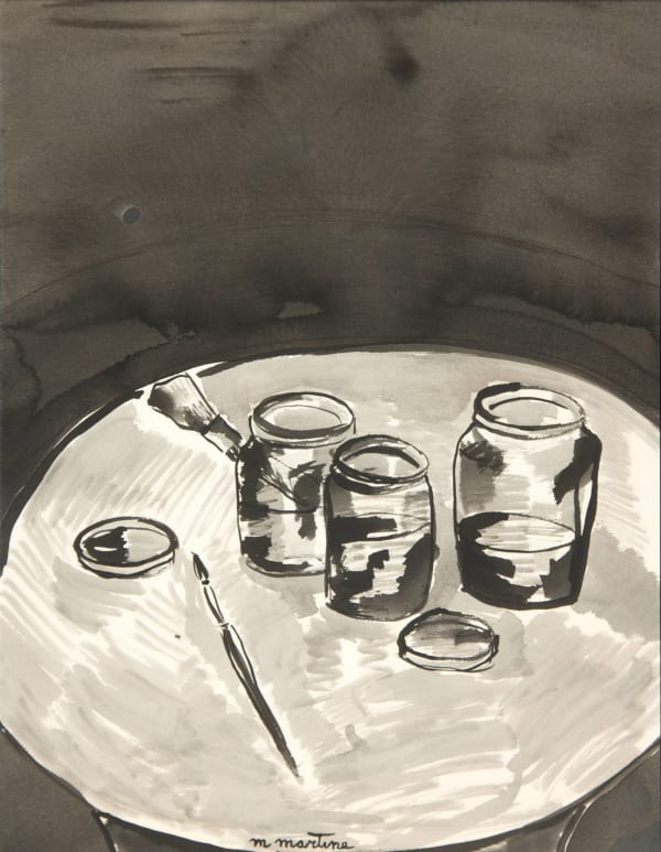 Martine Martine, Pots d'encre et Pinceau sur tabouret clair, 1989