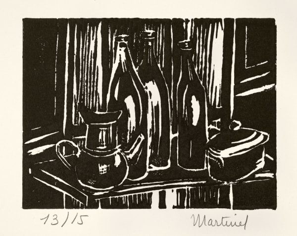 Martine Martine, Cafetière, terrine et trois bouteilles, 1974