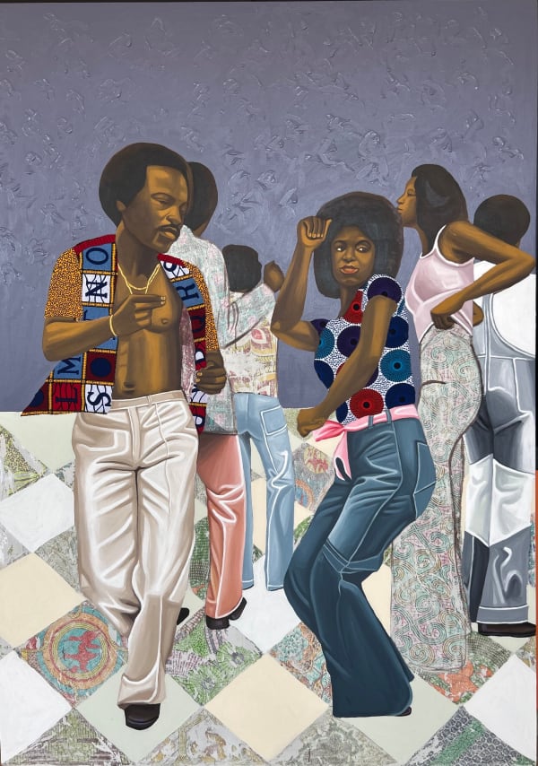 Cornelius Annor Ma Wo Nsa So Hem Wo Pa, 2023 fabric collage, fabric transfer, and acrylic on canvas 212 x 151 cm 83 1/2 x 59 1/2 in