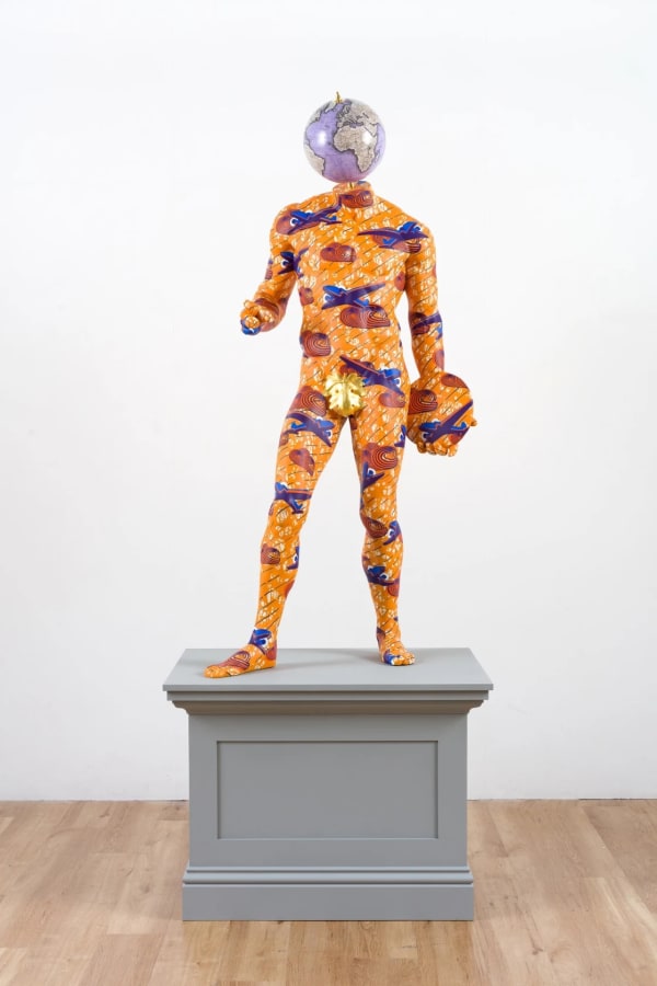 Yinka Shonibare CBE RA Discobolus (after Naukydes), 2017 Cast fibreglass sculpture, hand-painted with Dutch wax Batik pattern, bespoke hand-coloured globe and gold leaf Unique Sculpture: 175.5 x 85 x 60 cm (69 1/8 x 33 1/2 x 25 1/2 in) Plinth: 60 x 95 x 70 cm (23 5/8 x 37 3/8 x 27 1/2 in) Overall: 235.5 x 95 x 70 cm (92 3/4 x 37 3/8 x 27 1/2 in)