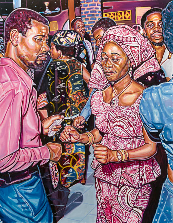 Esiri Erheriene-Essi You May Be A Lover But You Aint No Dancer, 2022 oil, ink, and xerox transfer on linen 185 x 145 cm 72 7/8 x 57 1/8 in