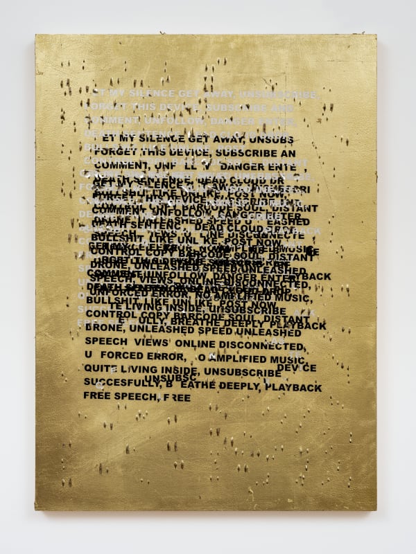 Stefan Brüggemann Speed Speech (Hyper Poem Lockdown), 2020 gold leaf, metal staples and vinyl text on wood 70 x 50 x 3.5 cm 27 1/2 x 19 3/4 x 1 3/8 in ref : BRUGG105187