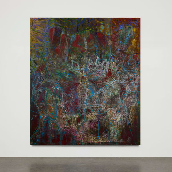 Father Bear, 2024 mixed media with glass beads on canvas and burlap 193 x 167.6 cm | 76 x 66 in