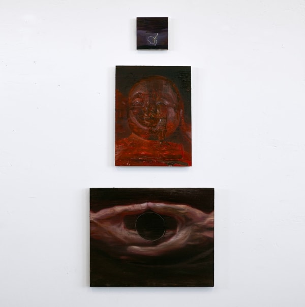 Æmen Ededéen Fourth Trigram: Lightning, Little Smiling Man, Hands (from Heaven’s Revolution 29 Mandalas), 2025 1. oil on wood panel - 13 x 13 cm | 5 x 5 in 2. mixed media with glass beads on wood panel - 41 x 30.5 cm | 16 x 12 in 3. oil on wood panel - 41 x 51 cm | 16 x 20 in