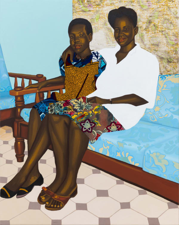 Cornelius Annor Women Affairs, 2022 acrylic, fabric and fabric transfer on canvas 152 x 121 cm 59 7/8 x 47 5/8 in