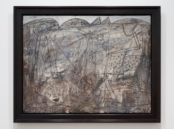 Jean Dubuffet 1901-1985Paysage Gris aux Taches Cerices (Grey Landscape with Cherry Spots), 1949 oil on burlap 89.3 x 116.5 cm | 35 1/8 x 45 7/8 in framed: 106.5 x 133 x 7 cm | 42 x 52.4 x 2.75 in signed and dated ‘J. Dubuffet 49’ (upper left); signed and dated again ‘J. Dubuffet 49’ (on the reverse)