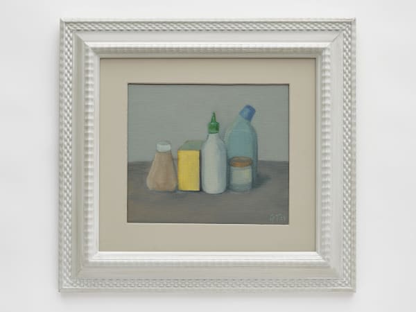 Gavin Turk Crazy Jack Agave Syrup, Waitrose Granola, Thai Dragon Sriracha Hot Chilli Sauce, Ecover Toilet Cleaner, Scala Vegan Basil Pesto, 2023 oil on linen 30 x 35 x 2 cm 11 3/4 x 13 3/4 x 3/4 in framed: 55.2 x 65.6 x 4 cm