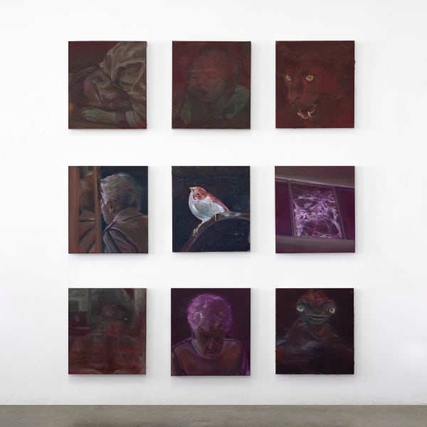 Æmen Ededéen Future Children Portraits, 2024 oil on collage and wood panel 9 paintings, each : 51.4 x 46.4 cm | 20 1/4 x 18 1/4 in