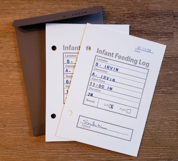 Sarah Irvin, Infant Feeding Log (first and last sessions), 2018