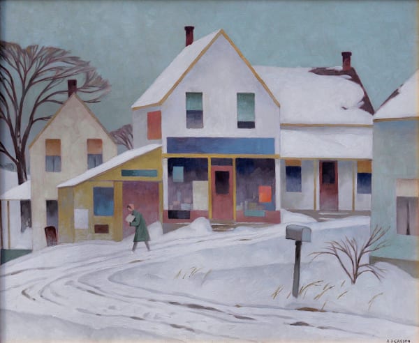 Alfred Joseph Casson February in the Village oil on board 20 x 24 in 50.8 x 61 cm signed and titled on label on verso