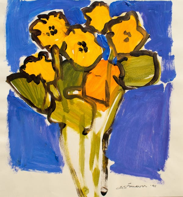 Claude A. Simard, Tulipes jaunes sur un fond bleu, 1991