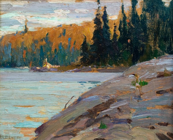 J.W. Beatty Late Afternoon oil on board 8 1/2 x 10 1/2 in 21.6 x 26.7 cm signed J.W. Beatty lower left signed to verso