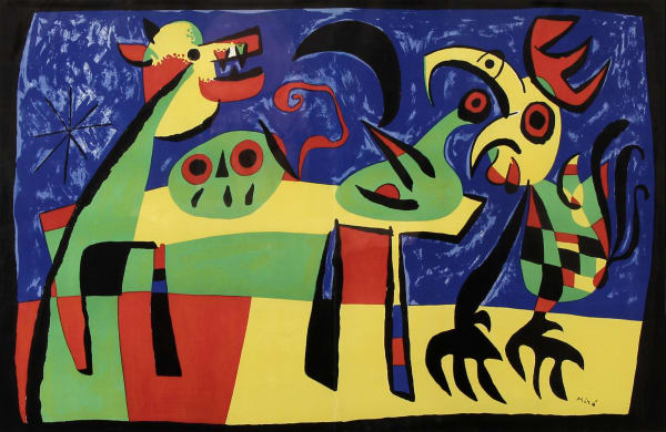 Joan Miró, "Le chien aboyant à la lune reveille le coq le chant du coq picote le crane du fermier Catalan posé sur la table à coté du pourron (The Dog Barking at the Moon Awakens the Cock, the crowing of the cock pecks at the head of the Catalan Farmer resting ...), 1952
