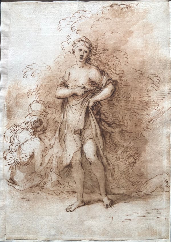 Salvator Rosa, Quattro figure all'ombra di un albero: una donna in piedi che si scopre i seni, un uomo e una donna seduti dietro di lei a sinistra e una quarta figura a destra, 1655