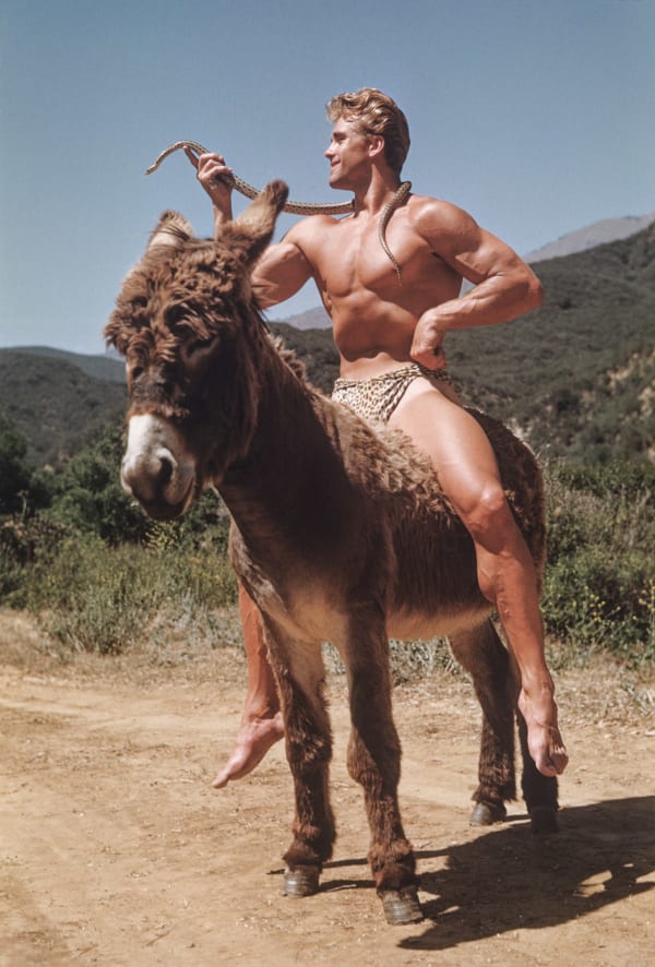 Bob Mizer, Ed Holovchik aka Ed Fury (with snake on mule), Southern California, 1951
