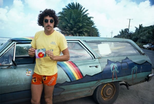 Jeff Divine, Owl Chapman and his North Shore Cruiser, Sunset Beach, 1975