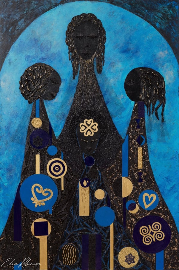 Elsa Robinson Glory, 2022 acrylic paint, fabric, paper and sand on birch panel 60 x 40 in