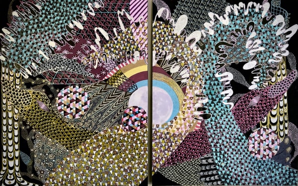 Sadia Fakih Swan Dreams, 2022 acrylic and mixed media on black canvas board, diptych 14 x 22 in