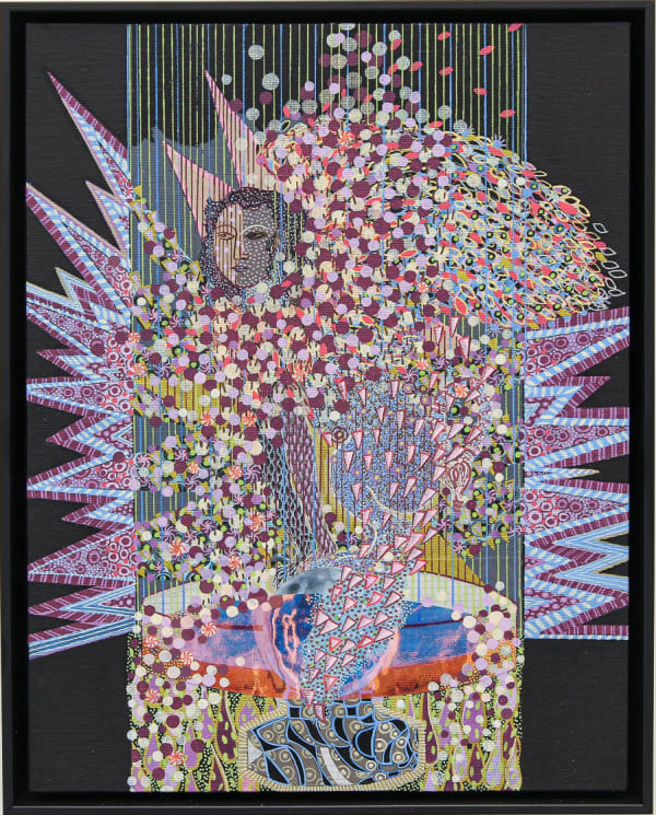 Sadia Fakih Untitled (The Meena-Sphinx Sits on the Moon), 2021-22 acrylic and mixed media on black canvas board 14 x 11 in