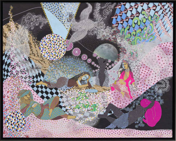 Sadia Fakih Untitled (The Meena-Birds Journey Through and Recline in the 7 Valleys), 2022 acrylic and mixed media on black canvas board 24 x 30 in