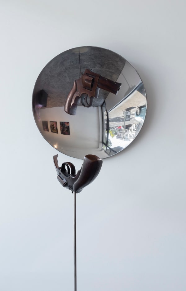 Louis Pratt Schrodinger's Gun , 2024 bronze, American walnut, stainless steel 184 x 60 x 67 cm