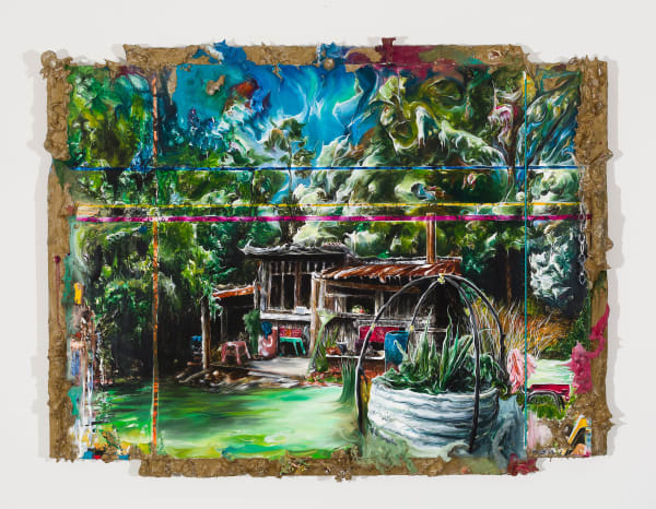 Josh Foley Le Chateau des Rois Fourmis, 2024 Oil, acrylic, ink, rope, wood, plastic and putty on board Approx. 95 x 125cm