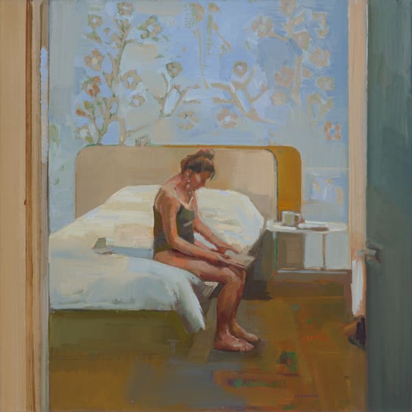 After Hopper with blue wallpaper and flower motif