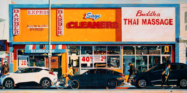 Alex Mihalko Barbers, Cleaners, Massages, 2023 Signed and dated on the verso Acrylic on canvas 48 in x 96 in