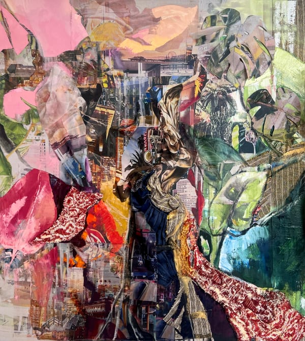 Allison Lu Wang Fall in Deep, 2023 Oil and archival ink on linen, silk, knitted fabric, other woven fabrics 65 x 58