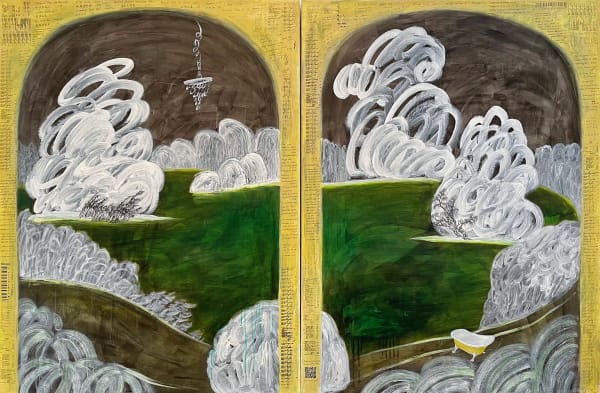 Tia Xia “Intertwined: Window View of My Hometown No. 2”, 2024 Acrylic, oil, silk screen print, ink and gesso on canvases 48 x 36 inches x 2