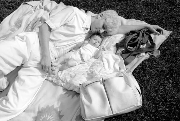 Tod Papageorge, Central Park, 1982 (White Hair/Blankets/Clothes, Man with Baby), 1982
