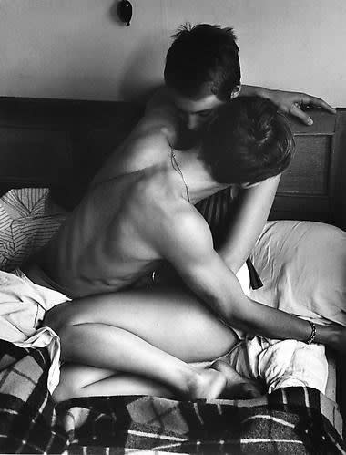 Raymond Cauchetier, Jean-Paul Belmondo and Jean Seberg on the bed in Rm. 12 at the Hotel Souffle for Jean-Luc Godard's "Breathless", 1959