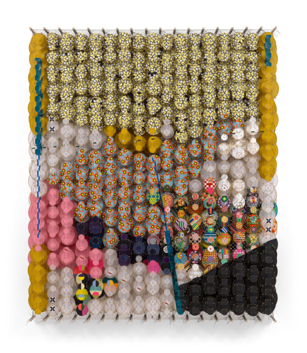 JACOB HASHIMOTO The Miserable Touch of the Cosmos, 2025 Acrylic, paper, bamboo, wood, and Dacron 72 x 60 x 8 1/4 inches 182.9 x 152.4 x 21 cm