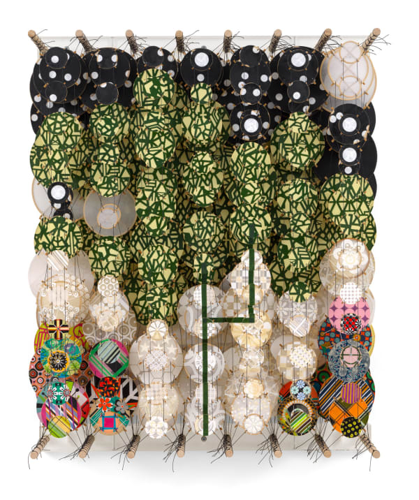 JACOB HASHIMOTO The plot of one’s own destruction, 2025 Acrylic, paper, bamboo, wood, and Dacron 32 x 26 x 8 1/4 inches 81.3 x 66 x 21 cm