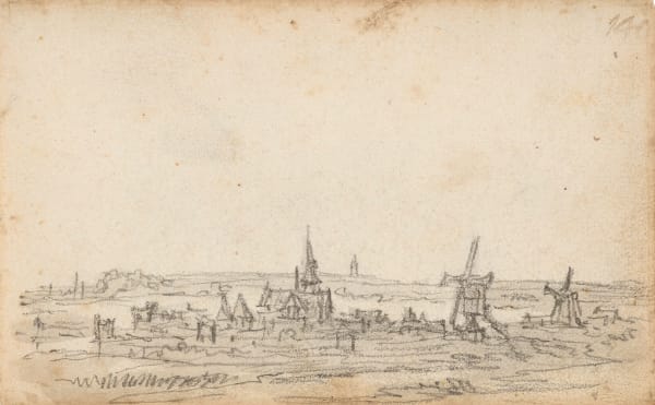 A village with windmills seen from a distance