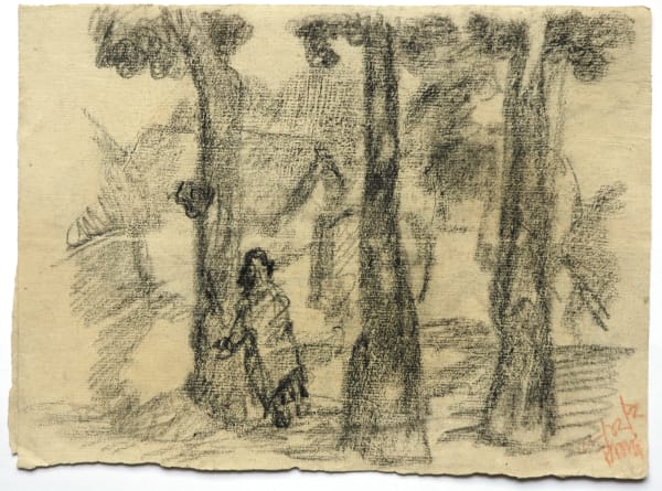 Benode Behari Mukherjee, Figure with Three Trees and Huts, 1932-12-18