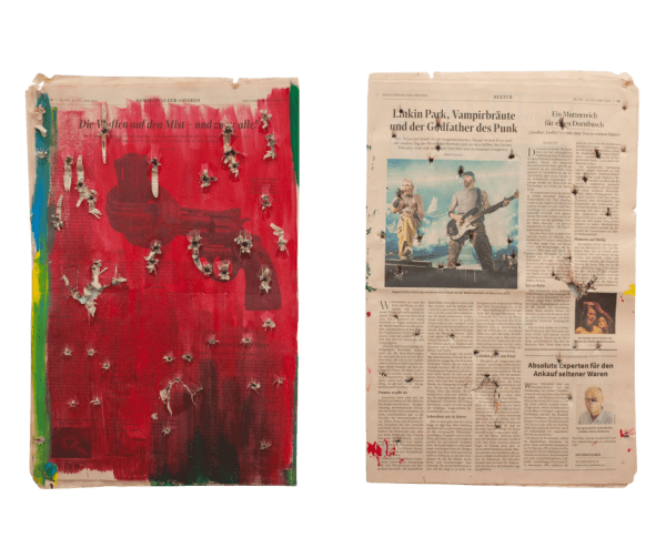 Pavel Brăila Times When News Are Faster Than Bullets, 2024–2025 acrylic on pressed newspapers, perforated with 9 mm bullets 46 x 34 cm Courtesy of Lutnița