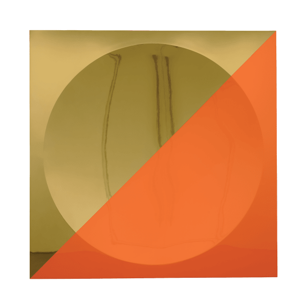 Mark Eisen, Gold square with concave circle and orange triangle, 2021
