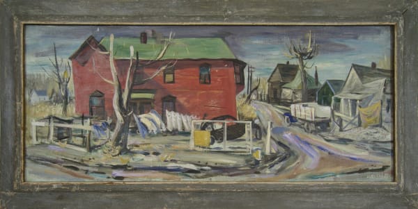Robert O. Hodgell Town Scene with Red House Oil on board 14 x 32 inches