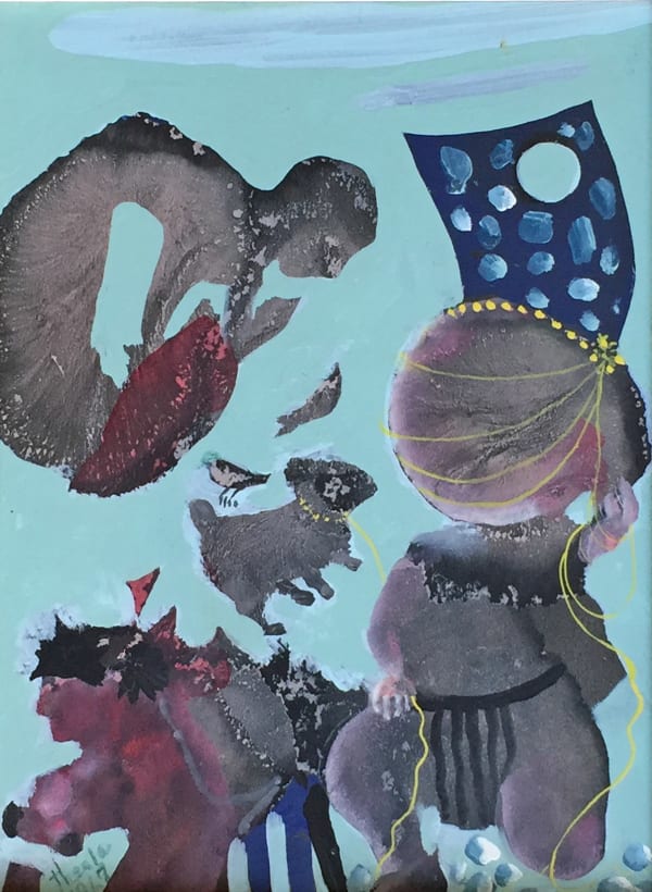 Julia Thecla Space Boy and Others, 1967 Oil and enamel and pencils on board 7.5 x 9.25 inches