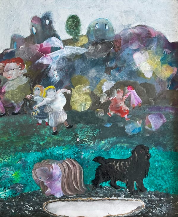 Julia Thecla Playtime with Cockerspaniel Tempera, charcoal, collage on board 10 x 12 inches