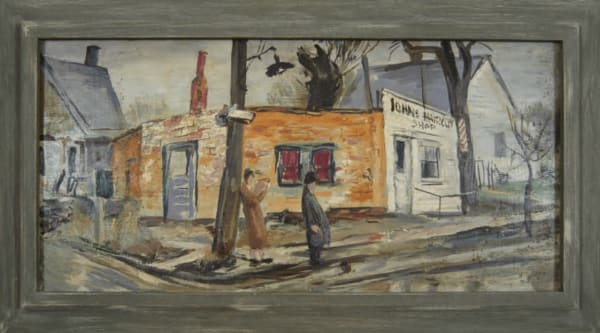 Robert O. Hodgell John’s Haircut Street Scene Oil on board 12 x 24 in 30.5 x 61 cm