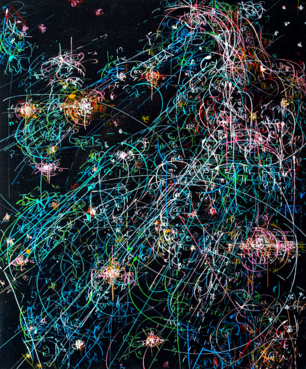 Kysa Johnson, blow up 263 - the long goodbye - subatomic decay patterns and the Pelican Nebula with star dust, 2015