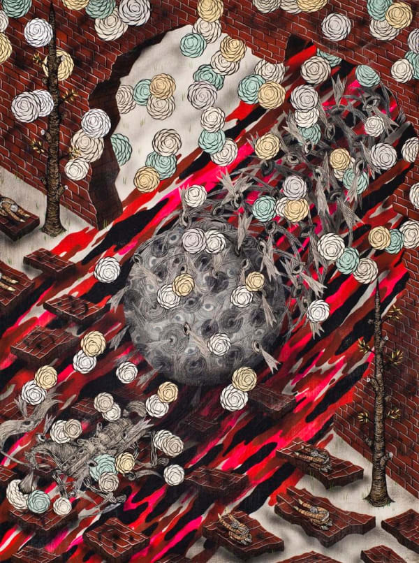 Andrew Schoultz, Rolling Orb (Bowing Men), 2013