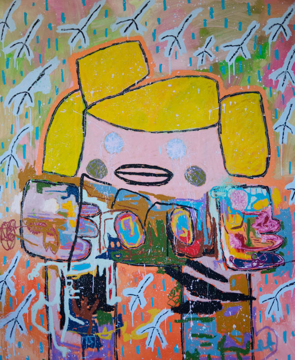 ADAM HANDLER - Kelly Girl under the Weeping Tulips, 2024. Oil stick, pencil and acrylic on canvas.