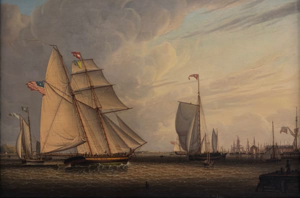 Robert Salmon (1775-1845) Sailing Vessels in Boston Harbor, 1829 Signed, dated and inscribed on the verso: No 645 / Painted by Robert Salmon / 1829 Oil on board 16⅜ x 24 inches 41.6 x 61 cm Robert Salmon painted Sailing Vessels in Boston Harbor in 1829, the year after his arrival in Massachusetts, where he became one of the leading American maritime painters of the day. The painting captures a lively waterfront scene and faithfully records Boston harbor looking in the direction of Fort Independence. Salmon’s masterful skill as a draftsman is evident in the intricate details of the schooner’s rigging and the cluster of masts on the horizon. In contrast, Salmon explored the expressive possibilities of the water in the animated pattern of the waves and the billowing clouds.