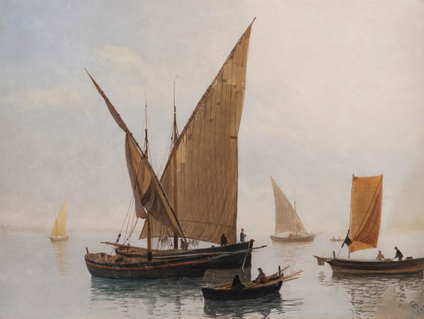 Albert Bierstadt (1830-1902) Boats, 1879 Signed with the artist's monogram and dated at lower right: AB / 1879 Oil on paper on board 13¼ x 17¾ inches 33.5 x 45.1 cm