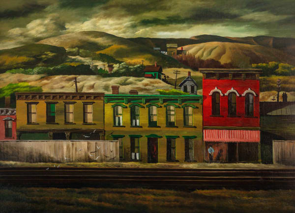Raphael Gleitsmann (1910-1995) By the Tracks, Dennison, Ohio, 1946 Signed and dated at lower left: Raphael Gleitsmann / 1946 / Raphael S. Gleitsman Oil on board 35 x 48 inches 88.9 x 121.9 cm SOLD