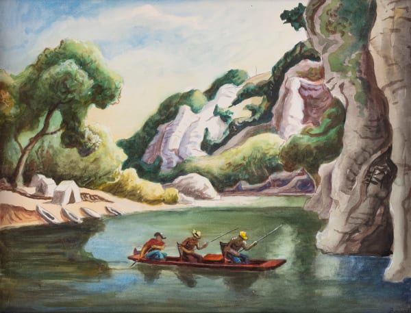 Thomas Hart Benton, Jon Boat, Buffalo River – Study (Making Camp), 1973