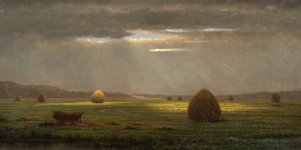 Martin Johnson Heade (1819-1904) Clearing Sky, Newbury Marsh, c. 1870s Oil on canvas 13 1/4 x 26 inches 33.7 x 66 cm Martin Johnson Heade, a key figure of the Luminist movement, is credited with discovering the salt marsh as a subject and Clearing Sky, Newbury Marsh is part of an extensive series of haystack scenes that showcase his favorite marshlands in the neighboring towns of Newbury and Newburyport, Massachusetts. The composition and color palette of this painting exemplify Heade’s unique approach to capturing the tranquil rhythms of nature—characterized by exaggerated horizontality with a low horizon line and haystacks of various sizes dotting the scene. Small patches of blue break through the cloud layer, casting dramatic areas of light across the landscape. While the level of detail in the present work indicates careful observation of the natural world, most of these pictures are not site-specific—Heade was more interested in capturing the unique characteristics of marsh life than the exact spot. Here, the predominantly gray sky, interspersed with hints of blue, parallels the stormy weather often depicted in the artist's marine subjects.